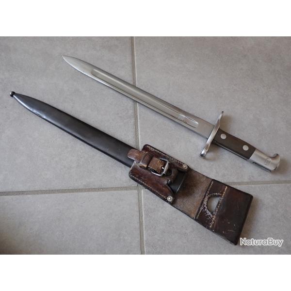 RARE baionnette Suisse pour fusil Rubin Schmidt 1889, 89/96 - Mdle 1900 sans matricule + PF en cuir