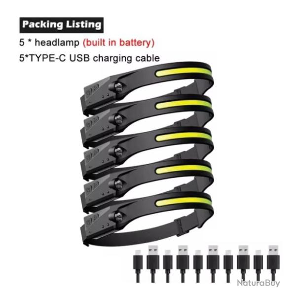 5X Lampe Frontale LED Rechargeable USB avec Capteur Sensible �tanche Activit�s Ext�rieures
