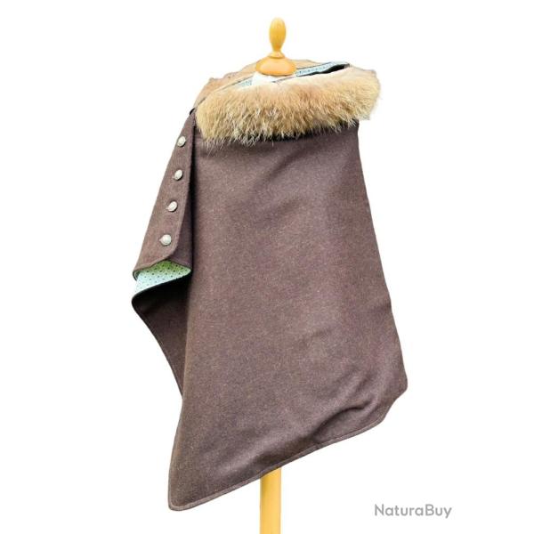 Cape Harriet - Tweed marron mocha 100�% laine - col fourrure amovible - fabriqu�e en France U