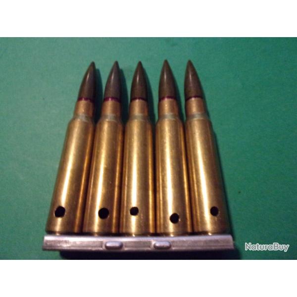 5 Munitions 7,5x54  sur clip IE F du 1-70 France, �tui laiton, balle blind�e tombac, neutralis�e