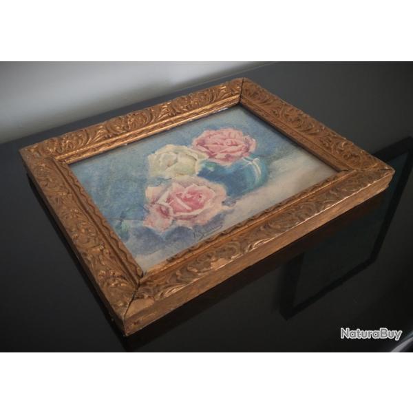 Aquarelle aux roses ancienne sous verre, encadr�e et sign�e-Aquarelle sign�e-Nature morte aux roses