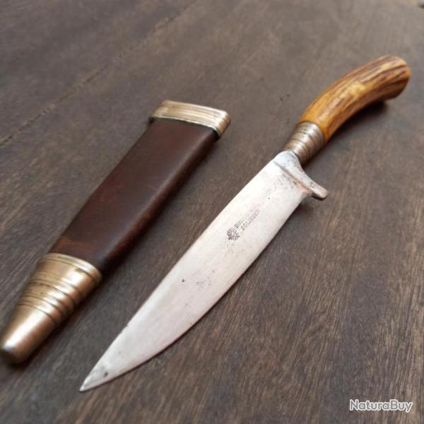 Grand Couteau de Chasse NICKER ALLEMAND de SOLINGEN Manche en Bois de Cerf avec �tui en cuir