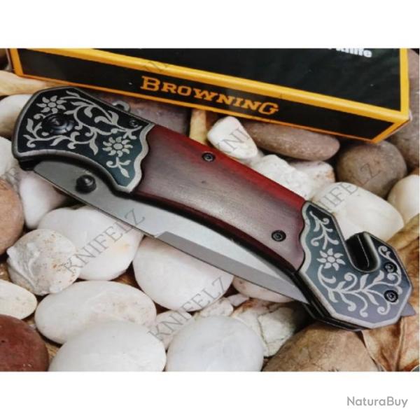 Couteau De Sauvetage Pliant Manche Bois / Grav� Laser 13 cm Outdoor