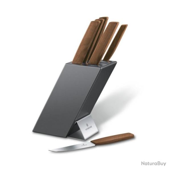 Bloc porte-couteaux Swiss Modern noyer, 6 pi�ces victorinox