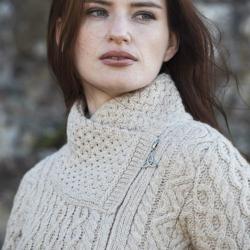 Manteau femme chaud en laine m&eacute;rinos col et zip asym&eacute;trique beige XL (extra large)