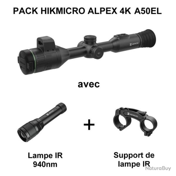 PACK Lunette jour et nuit HIKMICRO ALPEX 4K A50EL avec t�l�m�tre + Lampe IR 940nm + Support de lampe