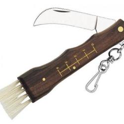 Couteau pliant champignons avec lame courbe manche bois et brosse &agrave; l'arri&egrave;re