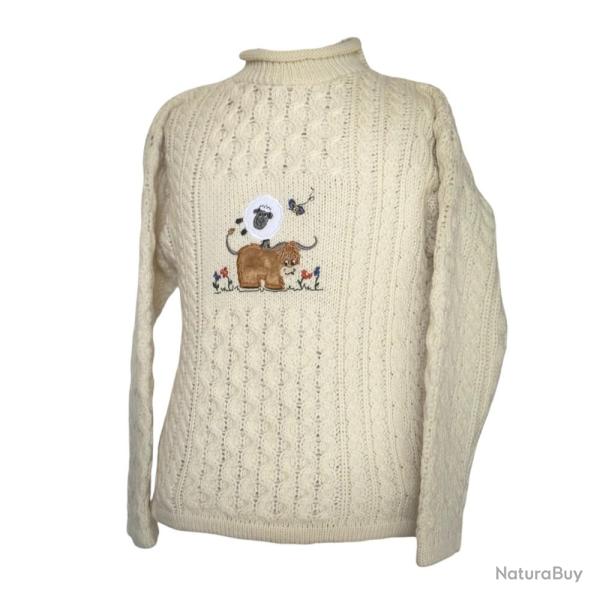 Pull Enfant Tricot� - Laine M�rinos Irlande - Blanc Cass� 2/3 ans
