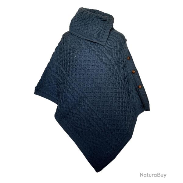 Poncho femme tricot� bleu Laine m�rinos pure - Tricot artisanal Irlande M/L