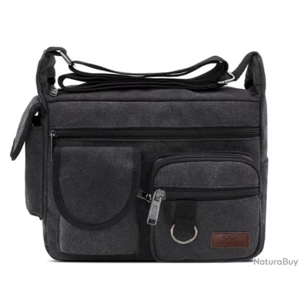 Sac Sacoche Reporter Bandouli�re Besace Toile Vintage 21x14x31cm Noir