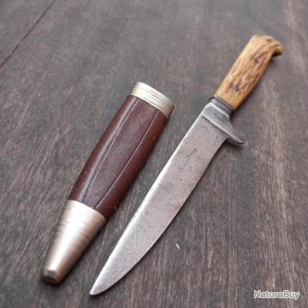 Ancien Couteau de Chasse ALLEMAND NICKER Manche en Bois de Cerf �tui en Cuir
