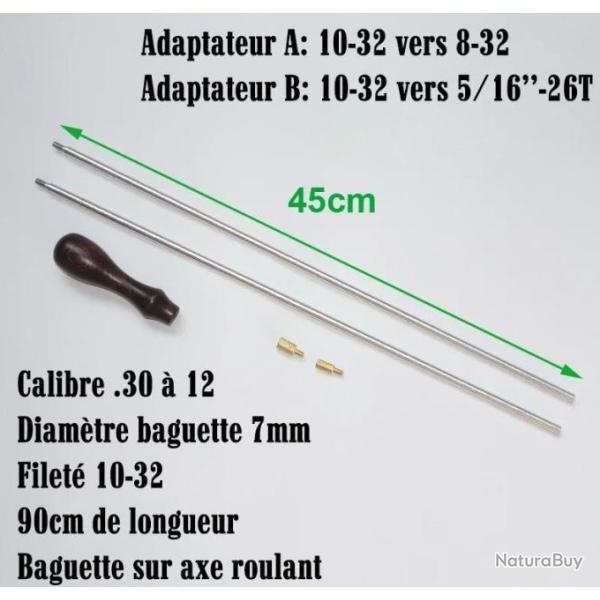 Baguettes de nettoyage 90cm avec manche en bois et adaptateurs