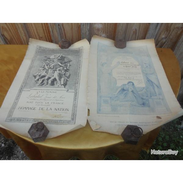 2 Diplomes Mort Pour La France La Patrie Louis Labatut 78� RI 19 F�vrier 1918 WW1