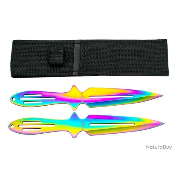 BEL1461 JEU DE 2 COUTEAUX DE LANCER THIRD TOUT ACIER INOX  "ARC EN CIEL" LAME 11CM + ETUI NEUF
