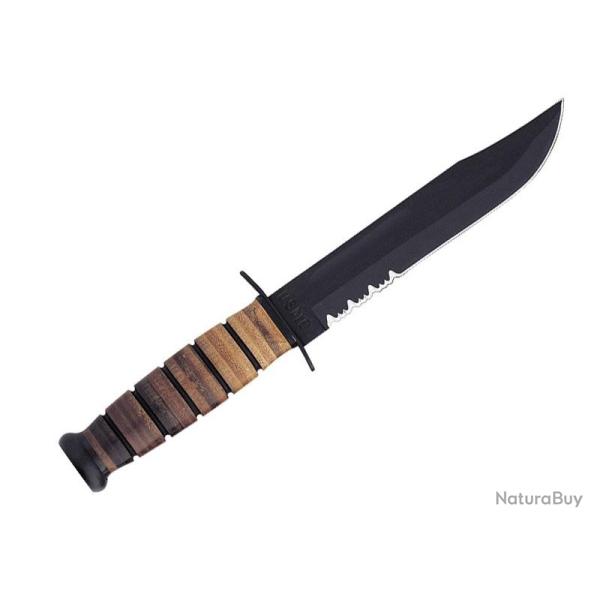 POIGNARD KA-BAR "U.S.M.C" LAME SEMI DENTEE 17CM PHOSPHATEE NOIRE MANCHE ET ETUI CUIR