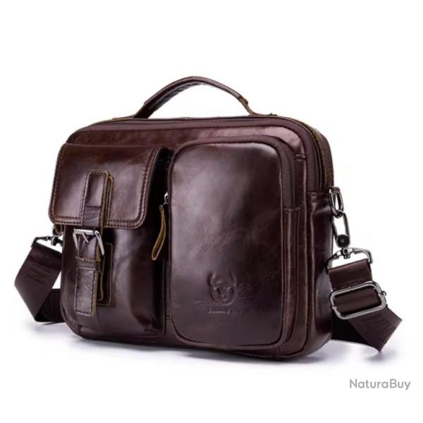 Sac � Bandouli�re en Cuir V�ritable pour Homme Style Vintage �l�gant Marron Caf�