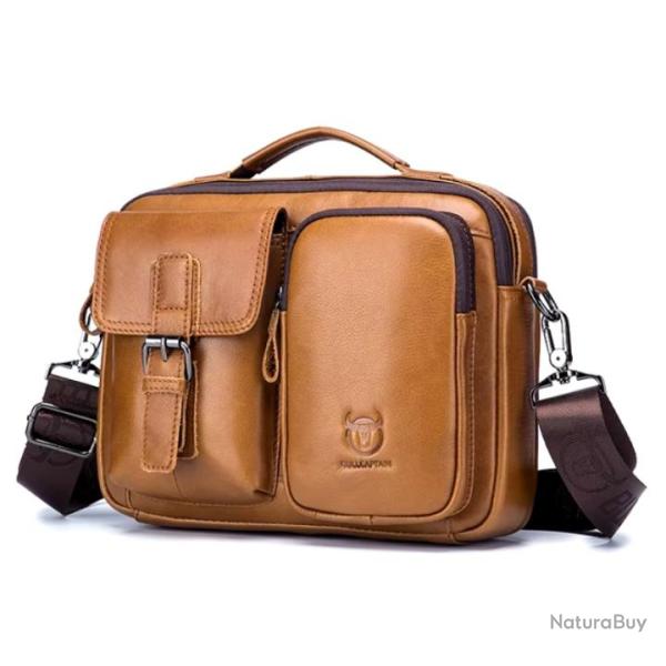 Sac � Bandouli�re en Cuir V�ritable pour Homme Style Vintage �l�gant Marron Jaune