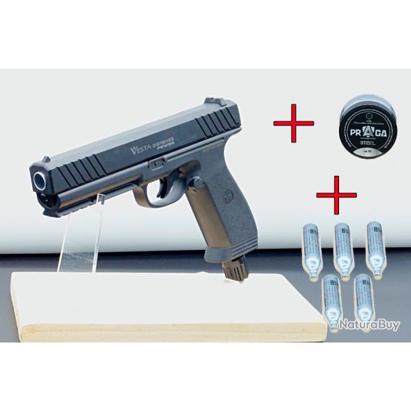 Power Pack - Pistolet Vesta 14J - PDW50+1 boite de Rubber Steel Core PRAGA+5 cartouches CO2