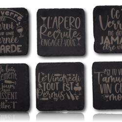 Dessous de verre carr&eacute; x6 en ardoise de 10 cm "Phrases humour Vin"
