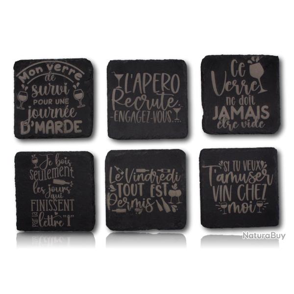 Dessous de verre carr� x6 en ardoise de 10 cm "Phrases humour Vin"