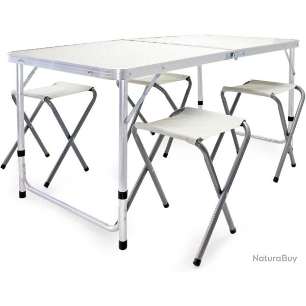 Table et 4 chaises de camping pliables,Table Portable Blanche MDF/alu, r�glable en Hauteur