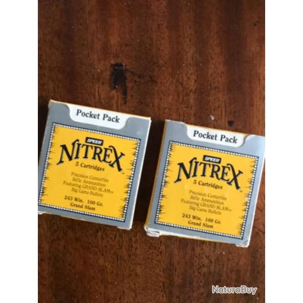 Vends lot de 2 bo�tes de 5 balles de 243 winchester ; fabrication Speer ��NITREX��.