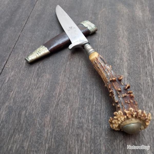 Joli Couteau de Chasse NICKER REHWAPPEN SOLINGEN Manche en Bois de Chevreuil Certi avec �tui en cuir
