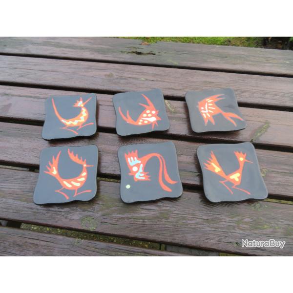 Ancien ensemble de 6 sous tasses en fa�ence a d�cor stylis�s d'animaux-ANNECY/MISSY-FRANCE(Vers1950)