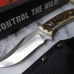 Couteau American Hunter Imitation Bois de Cerf Lame Acier Inox Etui Nylon AH015