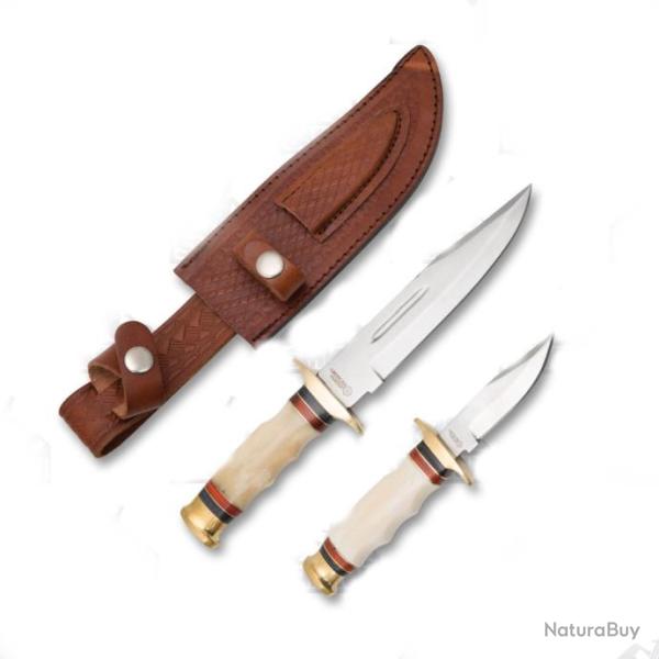 AH021 Set de 2 Couteaux American Hunter Manche Os Lame Acier Inox Etui Cuir