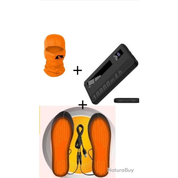 Semelles chauffantes Lavables l�g�re top qualit�. Batterie externe inclus + cagoule chasse sanglier