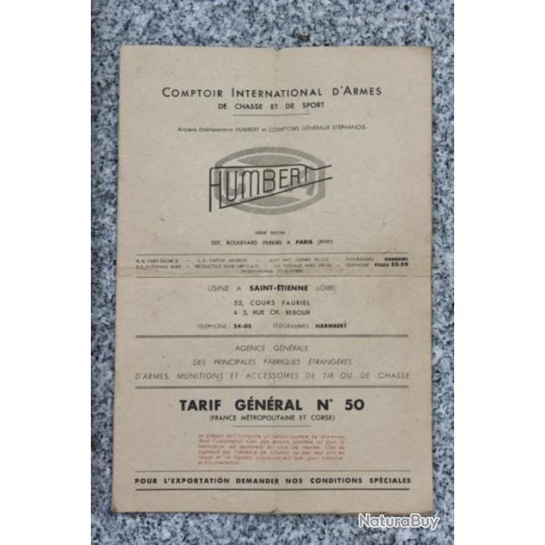 Tarif G�n�ral COMPTOIR INTERNATIONAL D'ARMES HUMBERT Collection document Armurier Armurerie Chasse