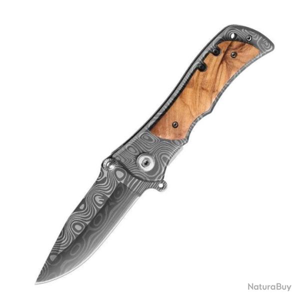 Couteau pliant manche olivier effet damas 21cm enchre