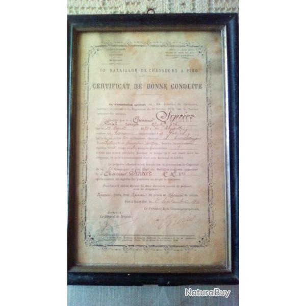 Certificat de bonne conduite r�giment de chasseurs 1900