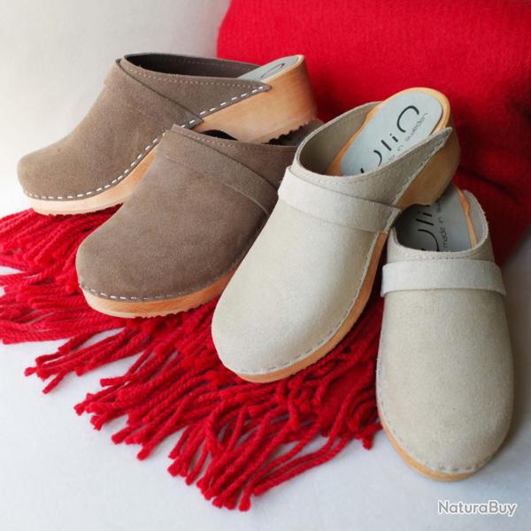 Sabots sudois femme en daim nubuck velours luxe beige