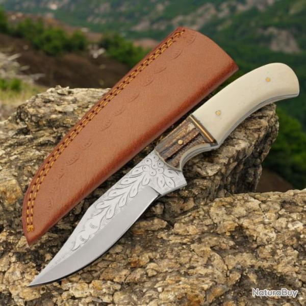 Couteau D'Elfe � Lame Fixe Manche Os Lame Acier Inox Etui Cuir PA203515