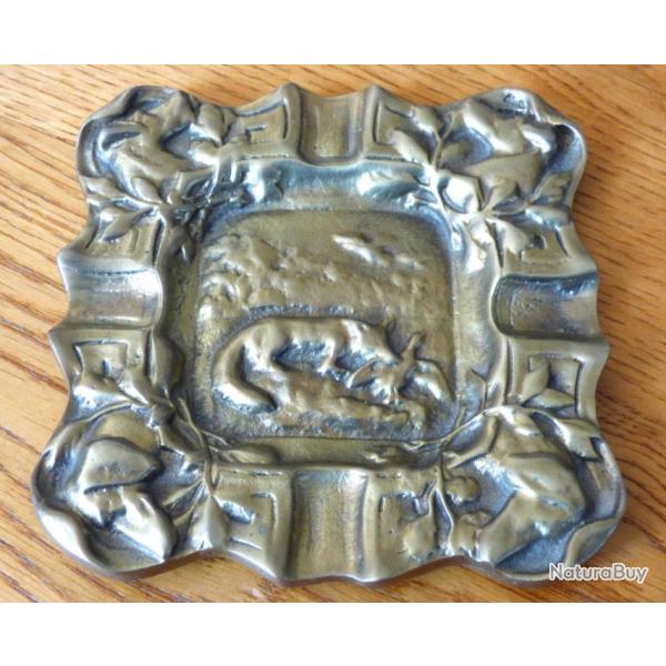 T- BEAU PETIT VIDE POCHE ANCIEN - T�TES DE CHIENS AUX 4 COINS + RENARD MORDANT UN CANARD AU CENTRE