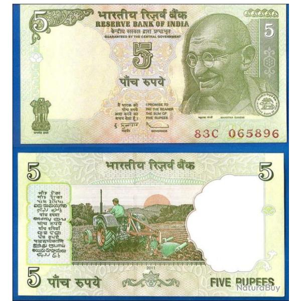 Inde 5 Roupies 2011 NEUF Serie 83C Lettre R par Transparence Gandhi Roupie Rupees India