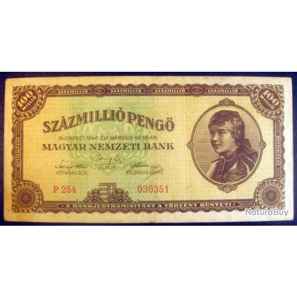 Billet 1946 Hongrie 100,000,000 Pengo (100 Million), de banque, papier-monnaie, paper money Hungary
