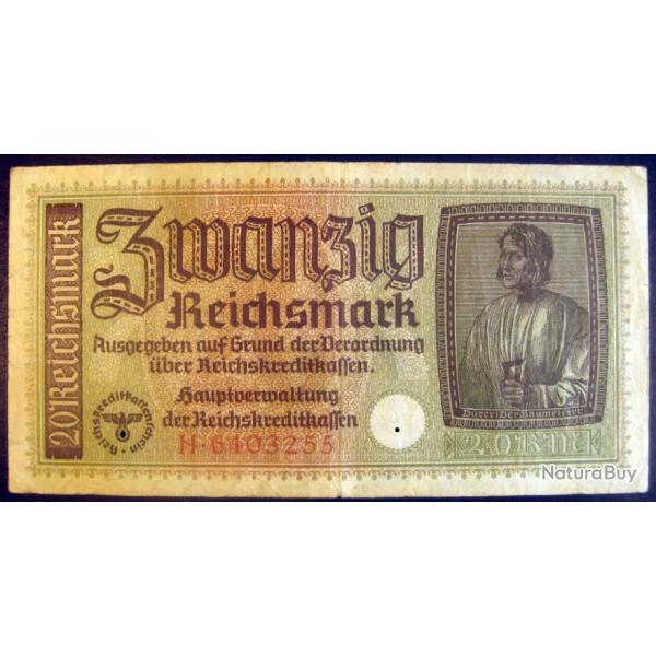 Billet 1939-1945 l'Allemagne 20 Reichsmark, Mark de banque, papier-monnaie GERMANY Paper Money