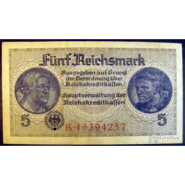Billet 1939-1945 l'Allemagne 5 Reichsmark, Mark, de banque, papier-monnaie GERMANY Paper Money WW2
