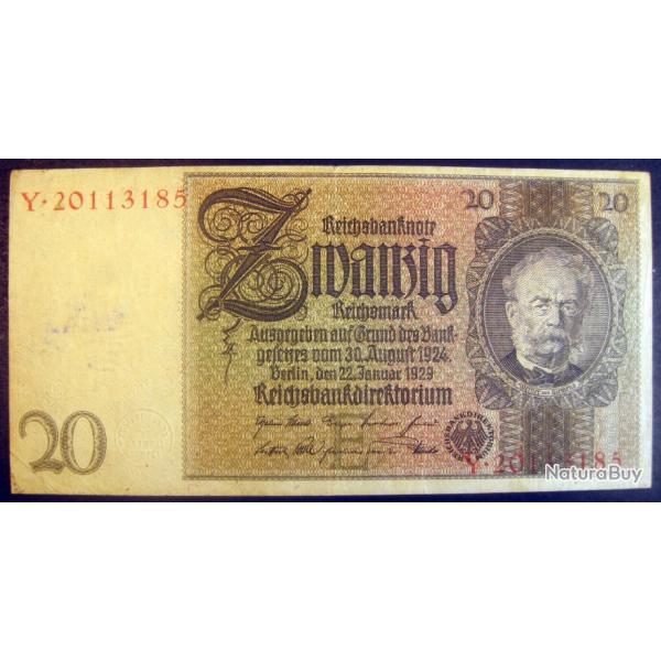 Billet 1929 l'Allemagne 20 Reichsmark, Mark de banque, papier-monnaie GERMANY Paper Money