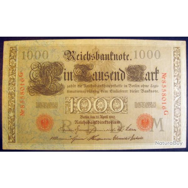 Billet Authentic Historical 1910 l'Allemagne 1000 Mark de banque, papier-monnaie GERMANY Paper Money