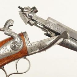 EXTRAORDINAIRE COFFRET DE PISTOLETS &Agrave; SYST&Egrave;ME DE CHARGEMENT PAR LEFAUCHEUX INVENTEUR &Agrave; PARIS VERS 18