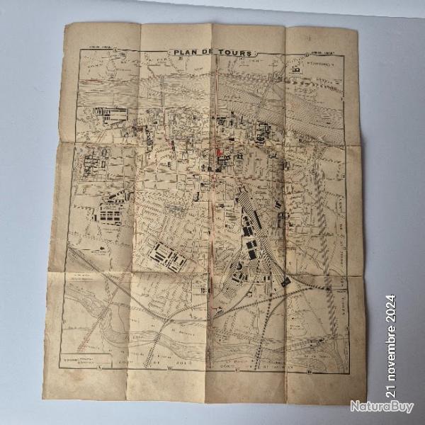 Ancien plan de la ville de Tours, Indre et Loire, 1917 avec les lignes de Tramway