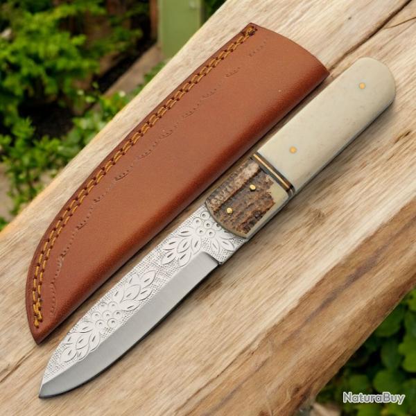 Couteau Elfique Ivy Stag Hunter Manche OS/Bois de Cerf Lame Grav�e Etui Cuir PA203514