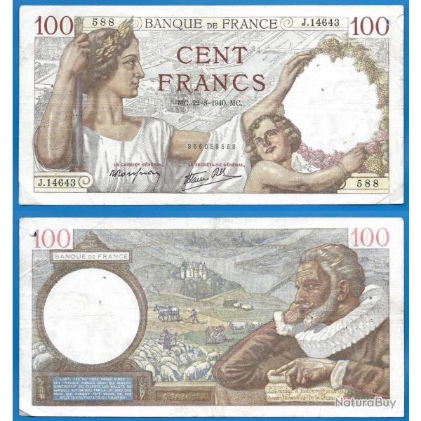 France 100 Francs 1940 22 Aout Sully Grand Billet Sully Franc Frs Frc Frcs