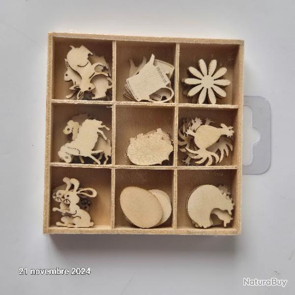 Lot de 45 sujets en bois sur le thme de la ferme, lapin, cochon, mouton, oeuf, coq