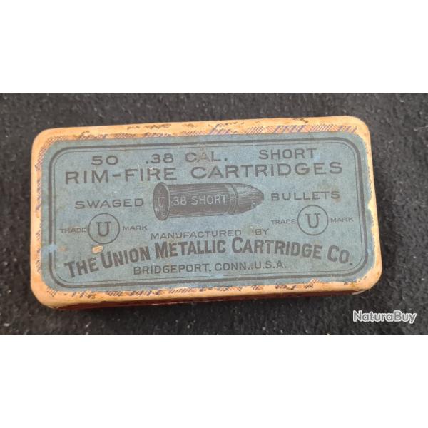 Rarissime: Bo�te compl�te de 50 cartouches 38 RF d'origine � poudre noire