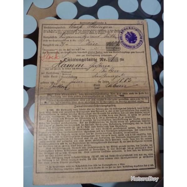 rare document datant de 1907 pour l'Alsace-Lorraine avec tous ses timbres et cachet imp�rial